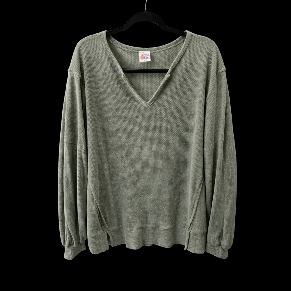 Cozy Olive Waffle Knit V Neck Top | The ZigZag Stripe | XXL
